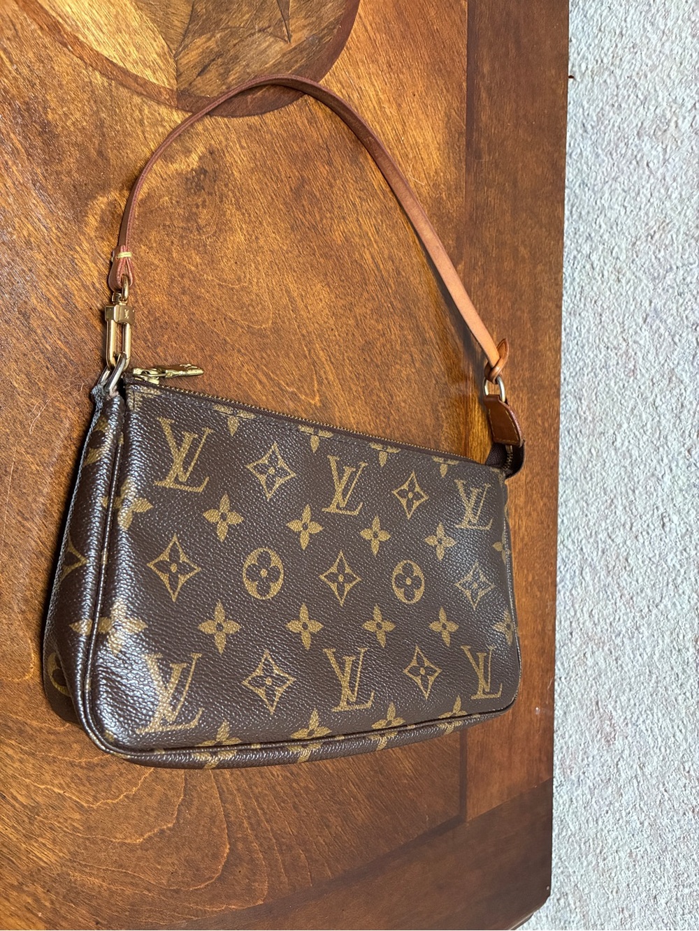 Louis Vuitton Brown Monogram Mini Pochette with Natural Vachetta Strap